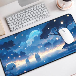 Kawaii Dark Blue Desk Mat – Cute Large Mouse Pad with Anime Night Theme, Non-Slip Desk Mat Cute for Gaming & Desk Decor, Kawaii Mouse Pad