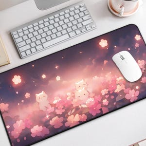 Kawaii Anime Cats Desk Mat – Cute Large Mouse Pad with Dark Floral Glow, Anime Desk Mat Cute for Gamers & Desk Decor, Kawaii Mouse Pad