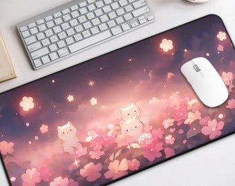 Kawaii Anime Katzen Schreibtischunterlage - Süßes großes Mauspad mit dunklem Floral Glow, Anime Schreibtischmatte Süß für Gamer & Schreibtischdeko, Kawaii Maus Pad