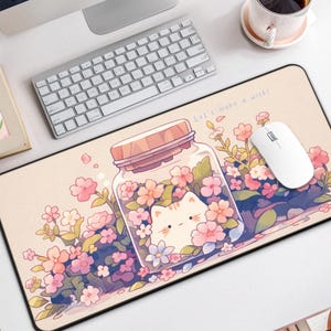 Kawaii Wishing Cat Bottle Desk Mat – Cute Large Mouse Pad, Cat Desk Mat Cute for Gamer & Desk Decor, Kawaii Mouse Pad, Cute Cat Desk Pad