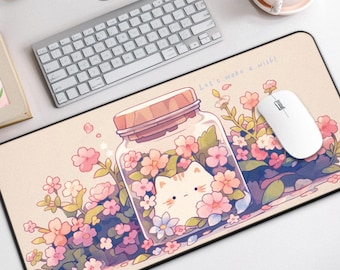 Alfombrilla de escritorio Kawaii con forma de botella de gato: bonita alfombrilla de ratón grande, ideal para gamers y decoración de escritorios, alfombrilla de ratón kawaii, bonita alfombrilla de escritorio con forma de gato.