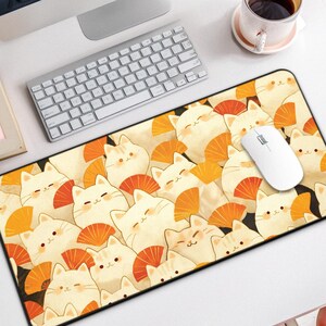 Kawaii Cats with Fans Desk Mat, Cute Large Mouse Pad, Cat Desk Mat Cute for Gaming & Desk Decor, Kawaii Cat Mouse Pad, Cute Desk Pad