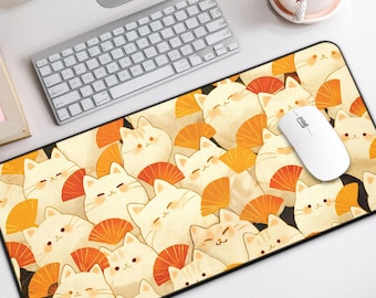 Alfombrilla de escritorio con diseño de gatos kawaii y abanicos, bonita alfombrilla de ratón grande, ideal para juegos y decoración de escritorios, alfombrilla de ratón con diseño de gato kawaii, bonita alfombrilla de escritorio