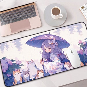 Kawaii Rainy Day Desk Mat – Cute Large Purple Anime Mouse Pad with Girl & Cat, Large Cozy Gaming Mat for Desk Decor, Desk Mat Cute