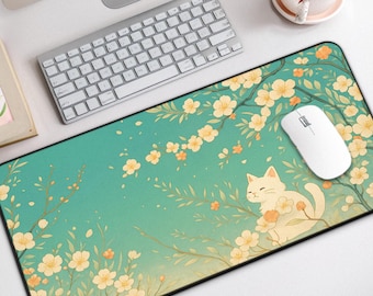 Tapete de escritorio Kawaii con gato y flores, lindo tapete de escritorio estilo anime, tapete de trabajo en tonos pastel, lindo tapete grande para mouse para oficina o juegos, tapete de escritorio con forma de gato