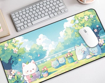 Kawaii Spring Picnic Desk Mat, Cute Large Mouse Pad, Pastel Green Desk Mat Cute for Gaming & Desk Decor, Kawaii Mouse Pad, Cute Desk Pad