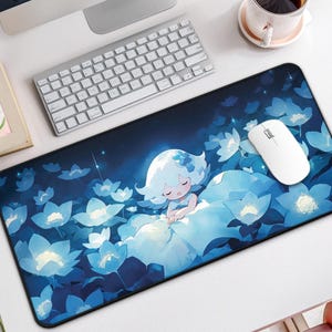 Kawaii Anime Angel Desk Mat, Cute Large Mouse Pad, Dark Blue Desk Mat Cute for Gamer & Desk Decor, Kawaii Non-slip Mouse Pad, Cute Desk Pad