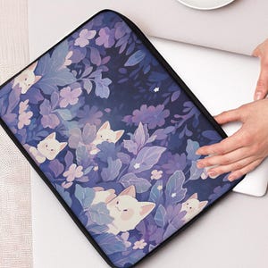 Kawaii Purple Magic Laptop Sleeve 13"15", Cute Cat & Leaves Design, Dark Night Anime Style Laptop Bag, Soft Fleece Laptop or Tablet Cover