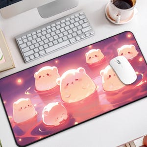 Kawaii Pink Night Desk Mat, Cute Large Mouse Pad with Chubby Characters, Glowing Desk Mat Cute for Gamer, Anime Fan, Desk Decor, Kawaii Gift