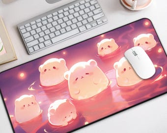 Kawaii Pink Night Desk Mat, Cute Large Mouse Pad with Chubby Characters, Glowing Desk Mat Cute for Gamer, Anime Fan, Desk Decor, Kawaii Gift