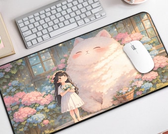 Kawaii Cat Desk Mat, Pastel Floral Mouse Pad, Anime Style Desk Mat, Large Keyboard Mat, Cute Desk Decor and Gaming, Cat Lover Gift