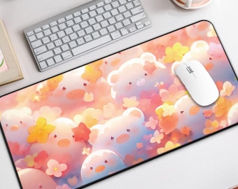 Kawaii Bear Blossom Desk Mat, Cute Large Mouse Pad with Chubby Bears & Flowers, Pastel Gaming Mouse Pad, Cozy Anime Desk Decor