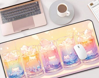 Kawaii Cutie Drinks Schreibtischmatte, süßes großes Mauspad mit Pastell Bubble Drink Charakteren, Schreibtischunterlage niedlich für Gamer, Schreibtischdekoration, Kawaii Geschenke