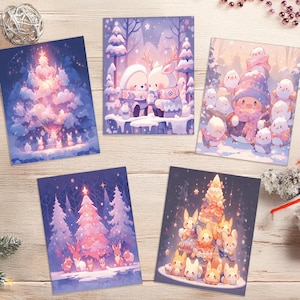 5er Set Kawaii Weihnachtskarten, Süße Weihnachtsgrüße, Kawaii Weihnachtskarten, Kawaii Chibi Weihnachtsgrußkarten
