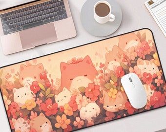 Kawaii Happy Day Schreibtischmatte - süßes großes Mauspad mit Chibi Charakter Blume, Anime Schreibtischmatte niedlich für Schreibtischdekoration & Gaming, Kawaii Mauspad