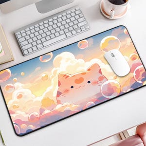 Kawaii Bubbles & Cat Desk Mat, Cute Chubby Cat Mouse Pad, Cute Large Mouse Pad, Desk Mat Cute for Gamer, Desk Decor, Kawaii Mouse Pad