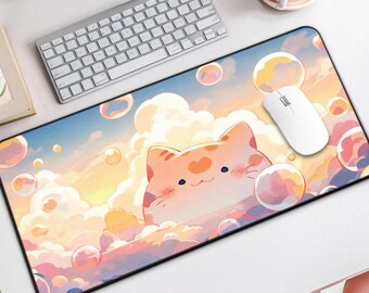 Alfombrilla de escritorio Kawaii con burbujas y gato, bonita alfombrilla de ratón grande, ideal para juegos y decoración de escritorios, alfombrilla de ratón Kawaii, bonita alfombrilla de escritorio