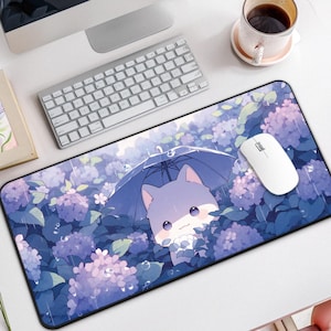 Kawaii Purple Rain Desk Mat, Cute Cat Mouse Pad, Large Anime Desk Mat Cute for Gamers, Writers, Kawaii Desk Decor, Cute Large Mouse Pad