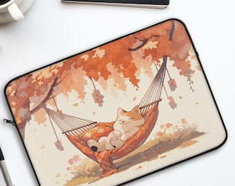 Kawaii Chill Cat Laptop Sleeve 13" 15" – Cute Anime MacBook Sleeve with Hammock Scene, Soft Protective Laptop Bag for Cat Lovers & School