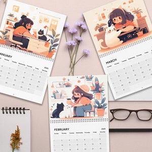 Kawaii Mädchen & Katze Tagebuch Kalender 2025, Kawaii Wandkalender 2025, Niedlicher Wandkalender 2025, Kawaii Kalender Planer 2025, Kalender, Wochenplaner