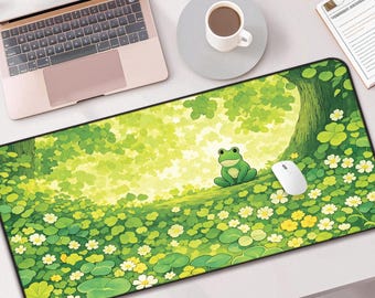 Alfombrilla de escritorio Kawaii de rana solitaria, alfombrilla de ratón grande verde claro, bonita decoración de escritorio de rana para juegos, espacio de trabajo, diario, cojín de neopreno suave