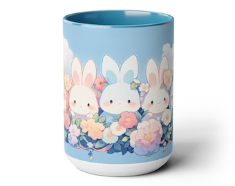 Kawaii Bunny Blooms Mug, Ceramic Coffee Cup 15oz, Cute Mug Aesthetic, Pastel Mug Gift for Easter, Animal Lovers, Birthday