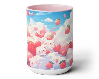 Kawaii Strawberry Heaven Mug, Ceramic Coffee Cup 15oz, Pastel Mug Gift for Birthday & Anniversary, Cute Mug Aesthetic