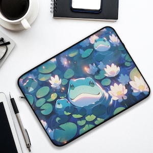 Kawaii Frog & Lotus Laptop Sleeve 13&quot; 15&quot; – Cute Anime Style MacBook Sleeve, Kawaii Protective Bag for iPad Tablet, Cute Laptop Bag