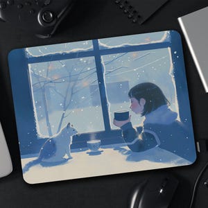 Süße gemütliche Katzen-Mausunterlage - Kawaii Anime-Mausmatte in sanften blauen Pastelltönen, kleine rutschfeste rechteckige Mausunterlage für Schreibtischdekor, Arbeit oder Spielen
