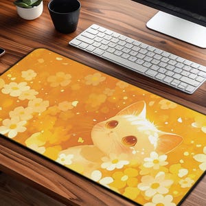 Kawaii Anime Cat Desk Mat, Cute Yellow Floral Large Mouse Pad, Cat Desk Mat Cute for Gaming & Desk Decor, Kawaii Mouse Pad, Cute Desk Pad