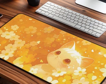 Kawaii Anime Katze Schreibtischmatte, süßes gelbes Blumen-Mauspad, große Mausunterlage, Katzen-Schreibtischmatte niedlich für Gaming & Schreibtischdekor, Kawaii-Mausunterlage, süße Schreibtischunterlage