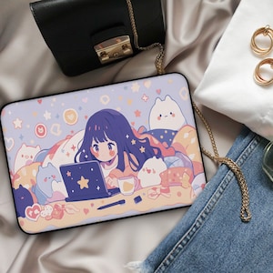 Kawaii Anime Girl-laptophoes – Zachte pastelpaarse MacBook-hoes 13" 15", schattige, gezellige technische hoes, laptoptas voor anime-fan, kawaiiliefhebbers