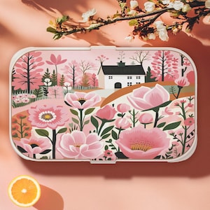 Aesthetic Pink Flower Field Bento Box, Cottagecore Lunchbox, BPA-Free Eco Friendly Food Container, Cute Bento for School, Office, Picnic