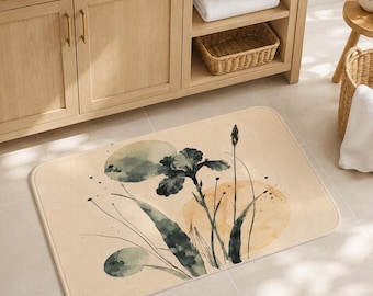 Tapis de bain botanique, tapis de salle de bain floral aquarelle, tapis de bain beige en mousse à mémoire de forme, décoration de salle de bain minimaliste douce et antidérapante, cadeau de pendaison de crémaillère