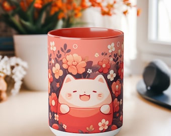 Kawaii Lucky Cat Mug, Ceramic Coffee Cup 15oz, Cute Mug Aesthetic, Cute Cat Mug Gift for Birthday Kawaii Lover Anniversary Cat Lover