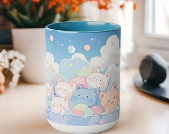 Kawaii Cats & Bubbles Mug, Ceramic Coffee Cup 15oz, Kawaii Cat Coffee Mug, Cute Mug Aesthetic Gift for Birthday, Anniversary, Cat Lovers