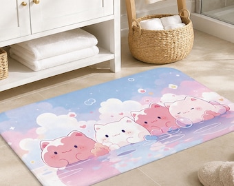 Tapis de bain mignon chats pastel en mousse à mémoire de forme, tapis de salle de bain en microfibre absorbant doux et antidérapant, tapis de bain kawaii pour cadeau de pendaison de crémaillère, décoration de salle de bain