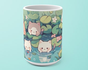 Kawaii Cats in Lotus Pond Mug | Cute Mug Aesthetic | Kawaii Pastel Mug | Cute Kawaii Mug | Cute Pastel Mug Gift for Birthday, Anniversary
