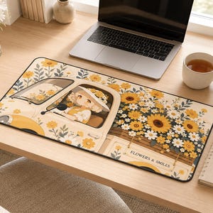 Kawaii Sunflower Girl Desk Mat, Floral Truck Mouse Pad, Cute Cottagecore Desk Mat, Kawaii Office Desk Pad, Yellow Aesthetic Gaming Mat