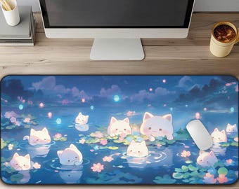 Kawaii Katzenteich Schreibtischmatte - Süßes großes Mauspad mit Floating Cats & Blumen, Anime Schreibtischmatte niedlich für Schreibtischdekor, Gamer, Kawaii Mauspad