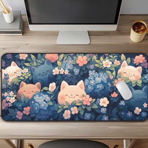 Kawaii Cats & Bloom Desk Mat, Cute Large Mouse Pad, Dark Blue Desk Mat Cute for Gamer Desk Decor, Kawaii Cat Mouse Pad, Cute Desk Pad