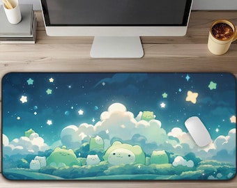 Tapis de bureau Kawaii Starlight Dream, grand tapis de souris mignon avec nuages et étoiles, tapis de bureau anime pour joueurs, écrivains, décoration de rêve, mignon tapis de bureau