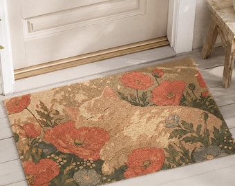 Tapis de porte fleuri avec chat, joli tapis de bienvenue, tapis de porte avec chat coquelicot, décoration de porche style cottagecore, décoration d'entrée extérieure 61 x 41 cm, cadeau de pendaison de crémaillère