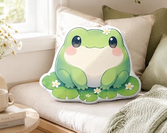 Oreiller grenouille verte kawaii, coussin nénuphar mignon, coussin en polyester doux 22 x 22, décoration cottagecore mignon, coussin décoratif, cadeau grenouille