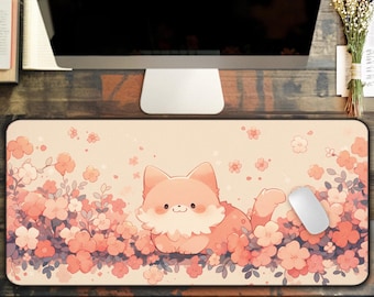 Alfombrilla de ratón grande con diseño de gato kawaii y flor de cerezo. Ideal para juegos y decoración de escritorio.