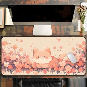 Kawaii Cat & Cherry Blossom Desk Mat – Cute Floral Mouse Pad, Large Anime-Inspired Gaming Mat for Gamer, Pastel Desk Decor, Kawaii Gifts