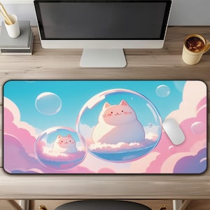 Kawaii Bubble Cat Desk Mat – Cute Large Mouse Pad, Cats & Clouds Desk Mat Cute for Desk Decor, Gaming, Kawaii Mouse Pad, Cute Desk Pad