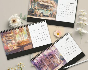 Kawaii Cafe Shops & Flower Boutique Desk Calendar 2024 | Kawaii Desk Calendar 2024 | 2024 Desk Calendar | Cute 2024 Calendar Desk Decor