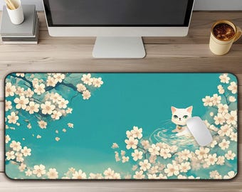 Ästhetische Katze mit Blumen Schreibtischmatte, süßes großes Mauspad, Anime Katze Schreibtischmatte niedlich für Gaming & Schreibtischdekoration, Kawaii Mauspad, süße Schreibtischunterlage