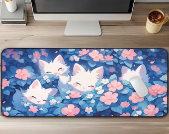 Kawaii Fox & Flowers Desk Mat, Cute Large Mouse Pad, Blue Anime Desk Mat for Gaming, Workspace Decor, Kawaii Desk Pad